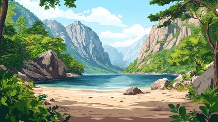 Serene Mountain Lake Vista Secluded Sandy Beach Framed by Lush Greenery