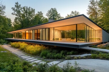 Obraz premium A sharp minimalist home with a cantilevered design, expansive glass walls, and subtle natural landscaping