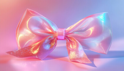 3D holographic bow in pastel pink, shimmering with a Y2K-inspired aesthetic against clear background AI Generated
