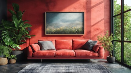 Cozy Modern Living Room with Red Sofa and Green Plants. Generative AI