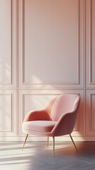 Stylish pink chair against soft pink wall in modern interior design setting