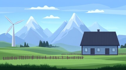 Serene Mountain Landscape with a Farmhouse and Wind Turbine