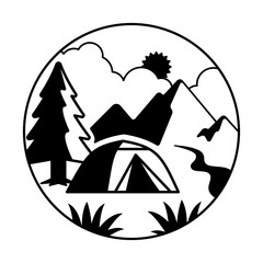Black and white camping graphic within a circle frame.