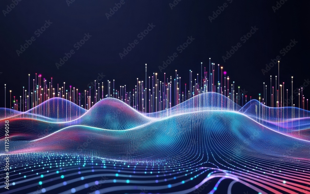 Poster abstract digital landscape with vibrant waves and glowing particles, representing data visualization
