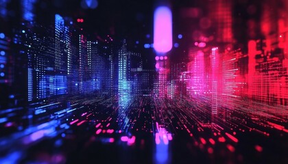 Obraz premium Futuristic digital cityscape with vibrant lights and data streams, representing technology and innovation.