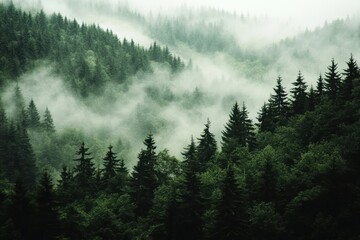 Misty forest scenery with lush green trees, creating a serene and tranquil nature landscape.