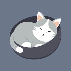 grey and white cat in a cat bed.eps