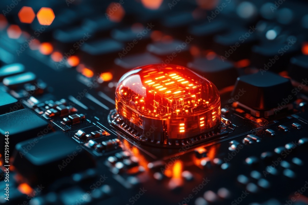 Poster close-up view of a glowing microchip on a circuit board during a high-tech project at a research fac