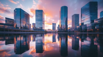 Fototapeta premium Modern Skyscrapers Reflecting in Calm Water at Sunset