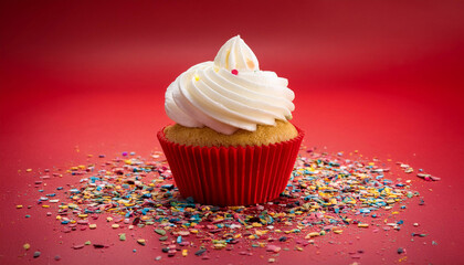 a single cupcake with white frosting sits in a crimson cupcake liner surrounded by means of colourful confetti on a crimson history