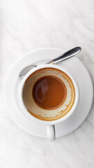 Empty coffee cup on white marble table.