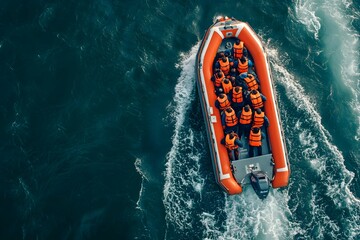 Group of refugees people in life jackets navigating a boat over calm ocean waters during daytime
