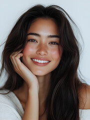 Naklejka premium beautiful Japanese woman with long hair and a bright smile, posing in front of the camera against a white background. She is wearing light-colored that complement her skin tone. Her hand rests on one