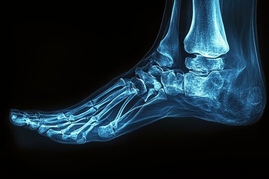 Detailed view of human foot anatomy showing bones and joints in an x-ray image taken in a medical setting