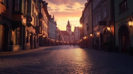 Fototapeta premium A tranquil view of the Old Town square at dawn, with cobblestone streets glistening under the soft morning light
