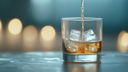 Close-up of glass with whiskey and ice cubes 