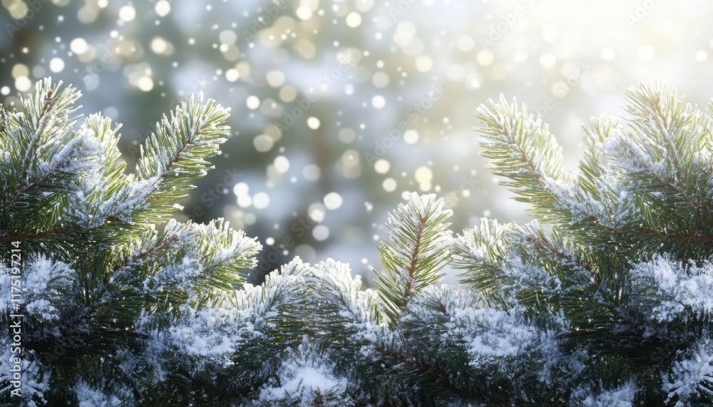 Poster a serene winter scene featuring snow-covered pine branches with sparkling bokeh lights in the backgr