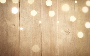 Fototapeta premium A rustic wooden background adorned with soft, glowing bokeh lights, perfect for festive and cozy themes.