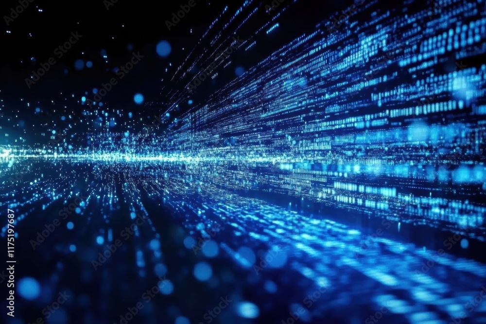 Poster dynamic blue abstract background showcasing streams of light and data, representing technology and d