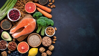 Foods rich in potassium, salmon, legumes, vegetables, fruits on a dark background. Healthy food concept, avitaminosis prevention. Top view, flat lay, copy space. detox