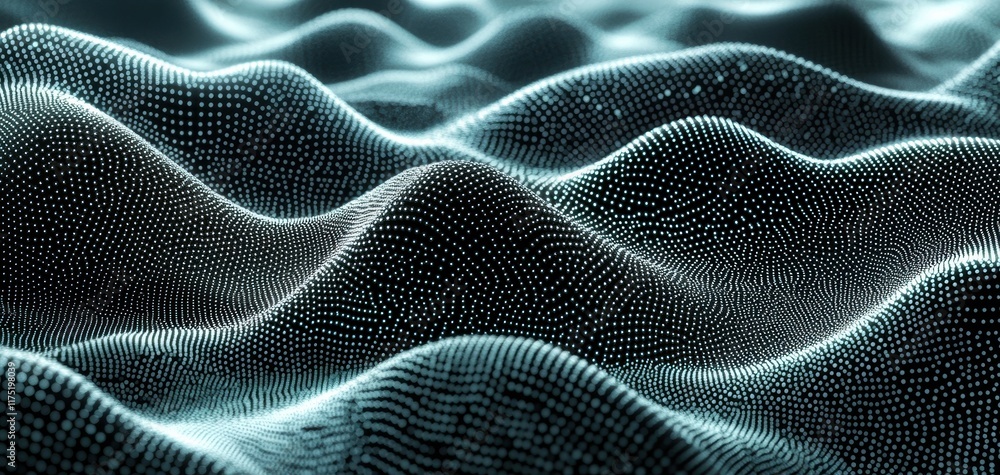 Poster abstract digital landscape with smooth, flowing waves formed by intricate dots, creating a mesmerizi