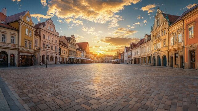 A wide-angle shot of the Old Town main square, showcasing a blend of medieval and baroque architecture under golden sunlight
