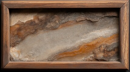 Abstract art piece featuring a framed slice of earth tones onyx or marble. The natural stone's unique veining creates a visually appealing contrast of warm and cool colors.