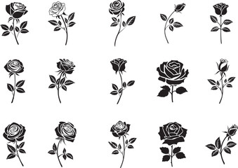 Set of decorative rose with leaves silhouettes vector illustration. Black buds and stems of roses stencils isolated on white background.
