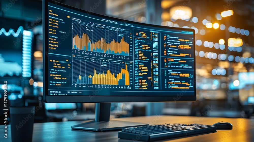 Aufkleber Credit card usage statistics shown on a large monitor Stock Photo with side copy space