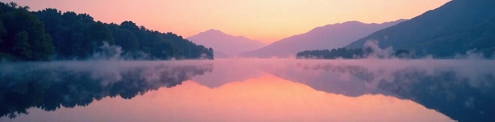 Obraz premium Serene lake at dusk with mist rising from water surface, nature, scenery, serene