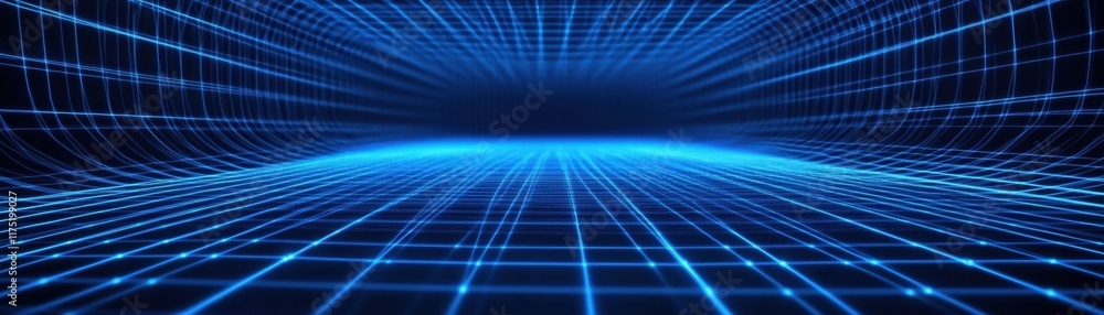 Poster futuristic grid design with blue lines creating a digital landscape in a vibrant dark void. perfect 