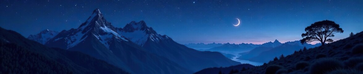 Serene mountain landscape under starry night sky, peaceful, darkness