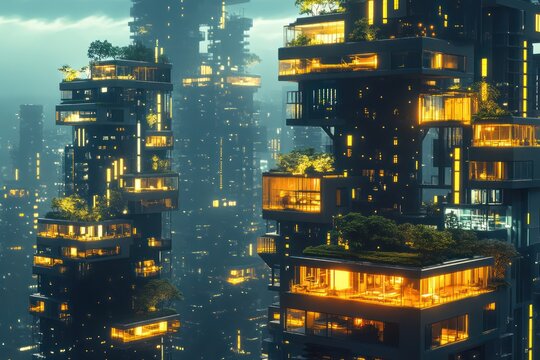 A skyline featuring interconnected modular towers with glowing rooftop spaces and eco-friendly terraces