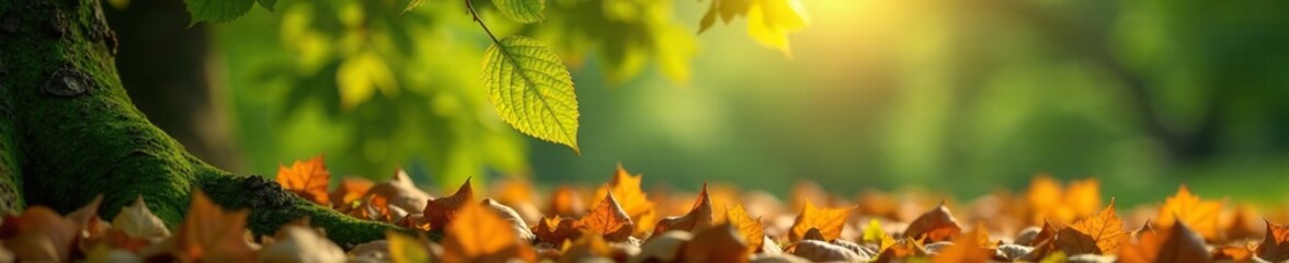 Single leaf suspended from branch above pile of fallen leaves, with dappled sunlight filtering through, foliage, landscape, branch