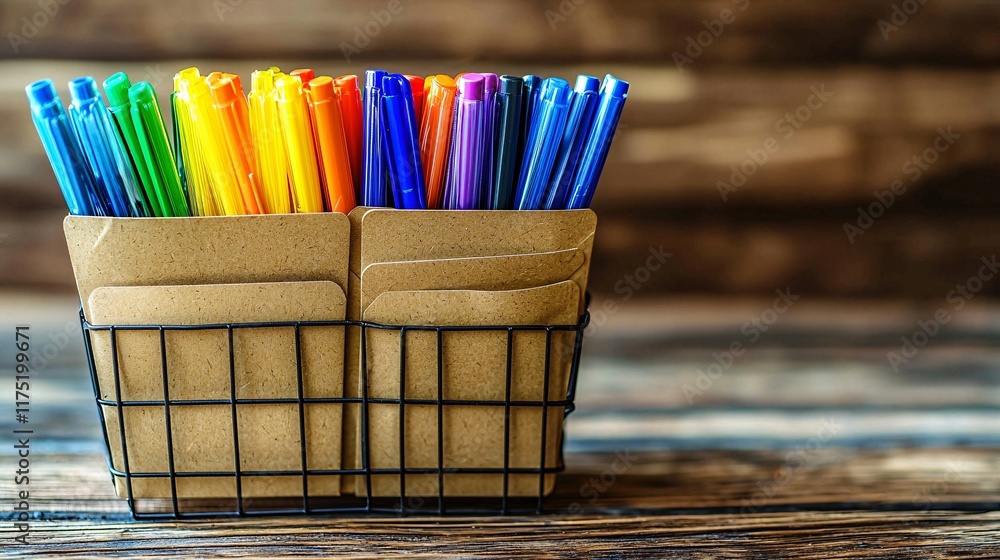 Poster credit card management tools like envelopes and markers arranged stock photo with side copy space
