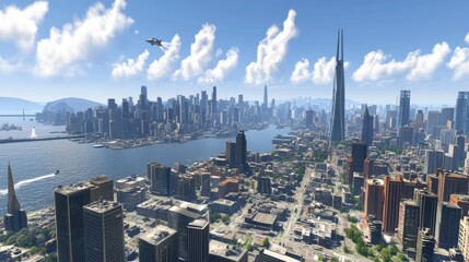 Fototapeta premium Futuristic Cityscape Aerial View Showing Modern and Damaged Buildings