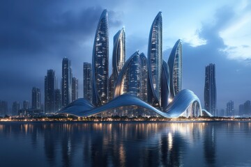 Fototapeta premium A skyline of futuristic, wave-like skyscrapers with glowing edges and serene water reflections below