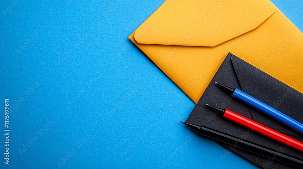 Poster credit card management tools like envelopes and markers arranged stock photo with side copy space