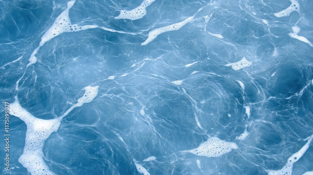 Poster close-up view of serene blue water with gentle waves and soft foam, creating a tranquil oceanic atmo