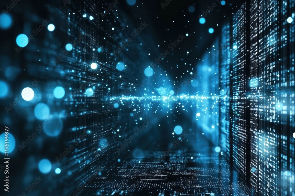 Poster futuristic digital landscape with glowing particles and data streams, representing technology and in