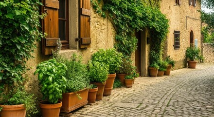 Naklejka premium Quaint cobblestone street lined with green plants in terracotta pots against rustic buildings