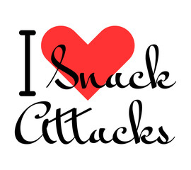 I love Snack Attacks creative slogan. Hand drawn letters with red heart. Vector illustration, lettering in modern design