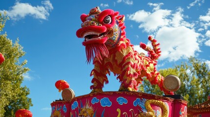 Energetic lion dance with synchronized drumming, performed on a decorated stage during a cultural festival.