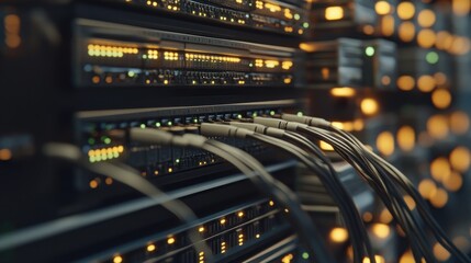 Obraz premium Server rack with cables and lights in a data center.