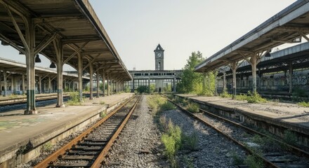 Abandoned train station with overgrown tracks and decaying platforms under clock tower