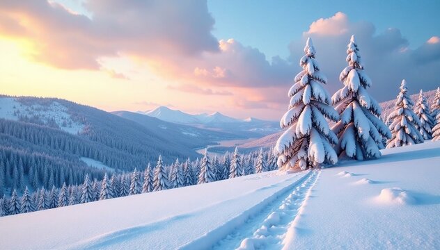 Snow-covered trees and hills stretch towards the sky on a winter afternoon, eildon, natural