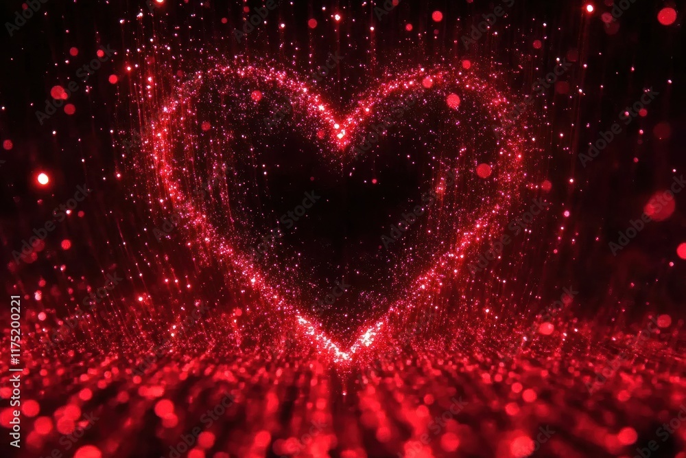 Poster a captivating heart shape made of shimmering red particles, creating a romantic and enchanting visua