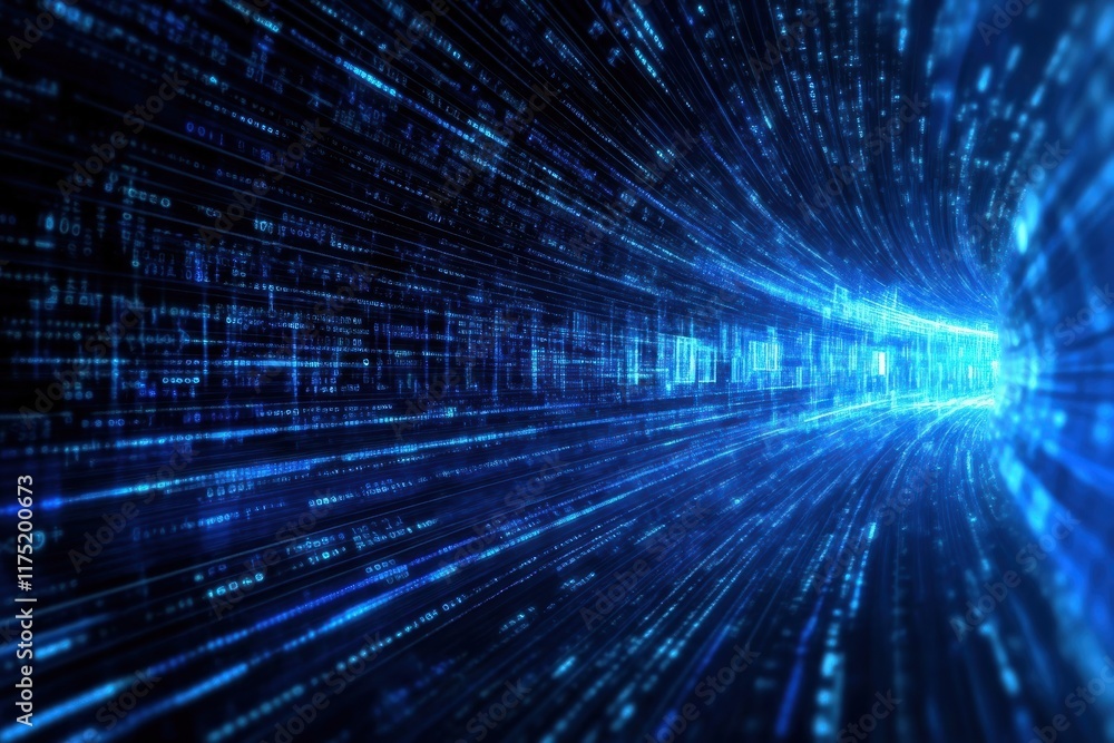 Poster futuristic digital tunnel showcasing vibrant data streams and glowing lines, representing technology