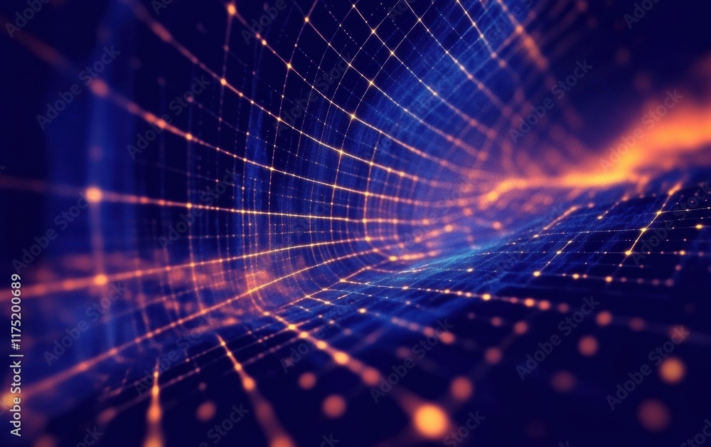 Poster abstract digital art with glowing lines and dots creating a vibrant network and depth in a dark blue
