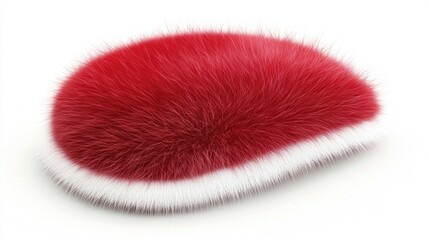 Fluffy Santa Claus hat, red with a white fur trim, lying flat on a seamless white background.